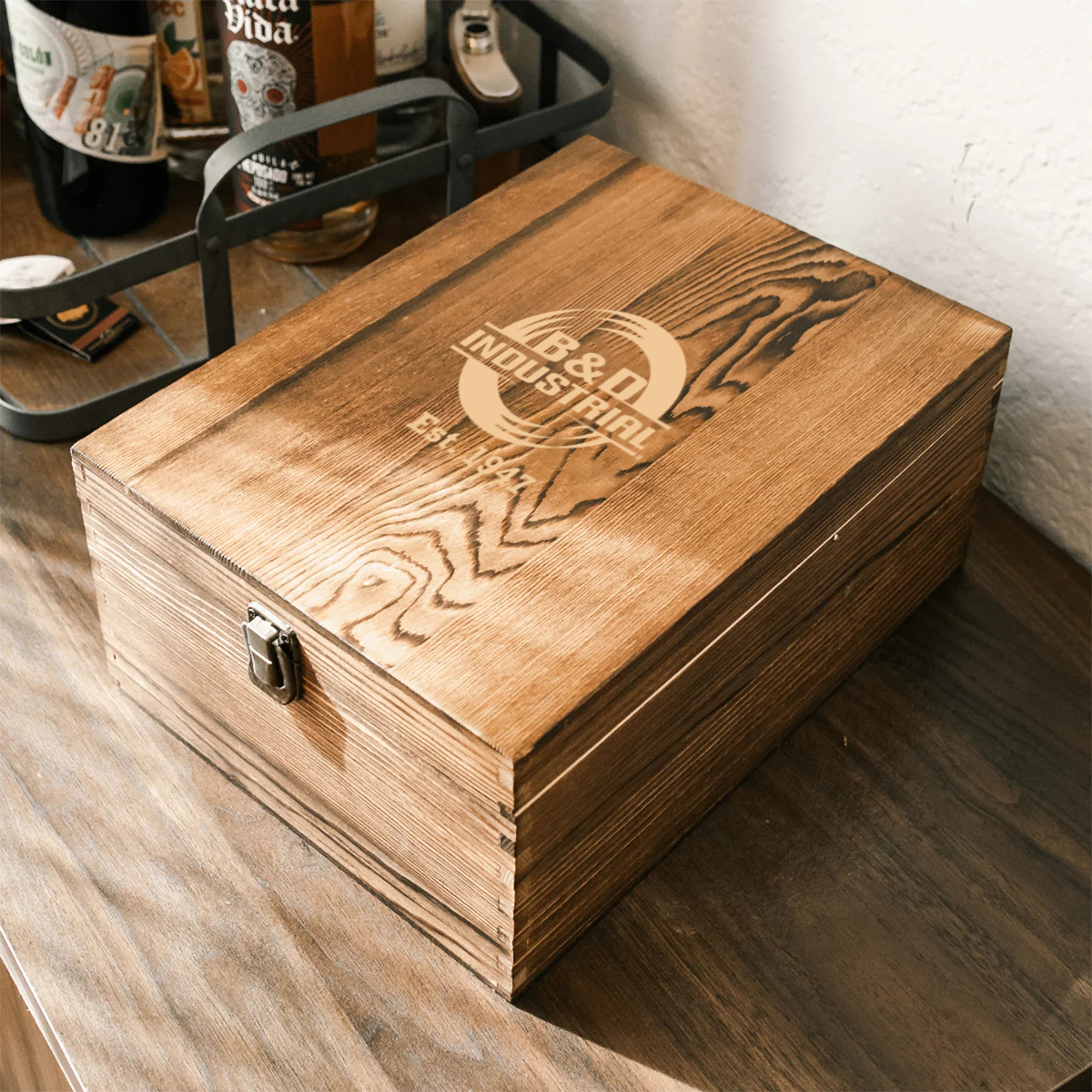 B&D Branded Decanter Set - 2 Glasses and Wood Box