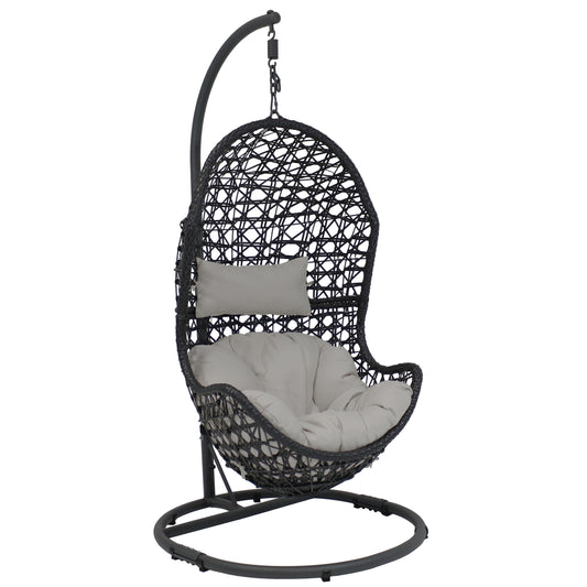 Sunnydaze Cordelia Hanging Egg Chair with Stand - Resin Wicker - Gray Cushions